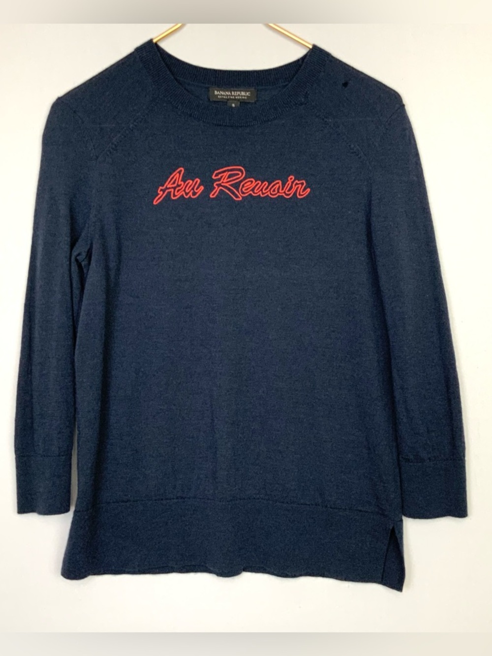 Banana Republic Sz Small Extra Fine Merino Wool Au Revoir Embroidered Sweater